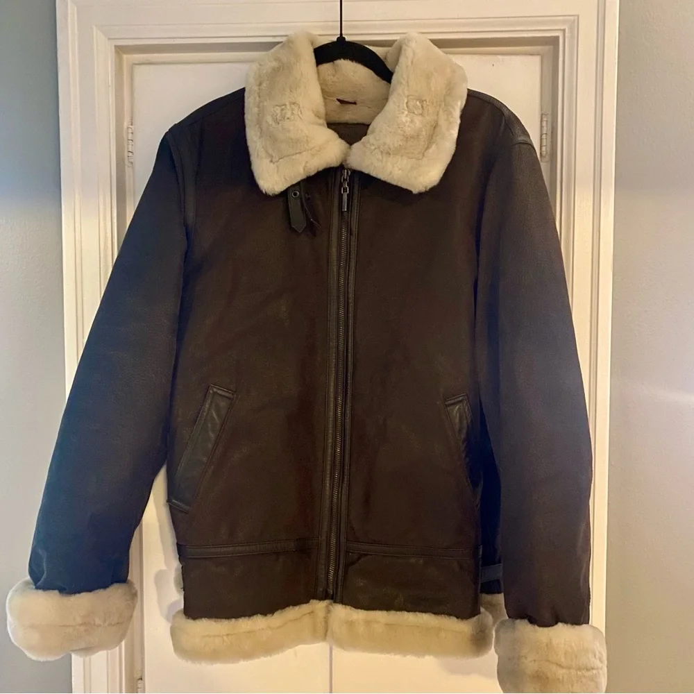 Vintage St. John’s Bay Leather Sherpa Lined Aviator Bomber Jacket Large - Picture 1 of 9